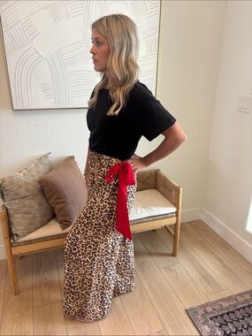 NEW Leopard Print Maxi Skirt with Red Tie Accent with Zenana Top